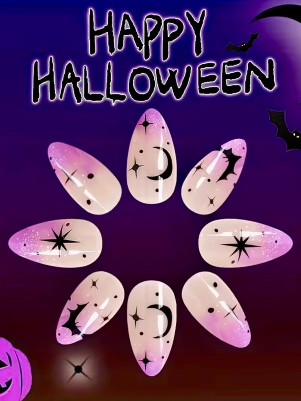 Halloween Purple Celestial Press-On Nails Moon Stars Bat Snake press on nails
